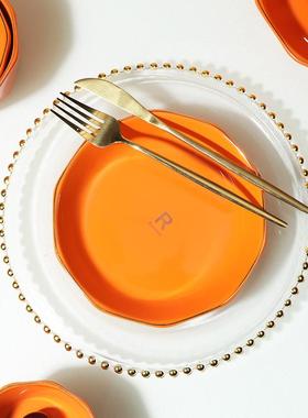 橙色圆盘家用陶瓷餐盘轻奢餐具简约个性瓷盘网红组合菜碟可微波炉