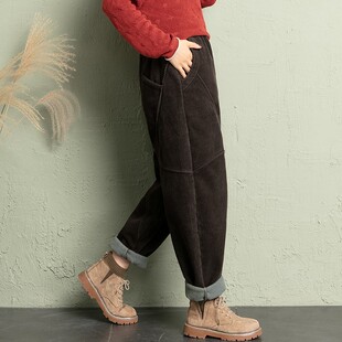 加厚条绒棉裤 加绒灯芯绒休闲裤 冬季 高腰哈伦长裤 外穿 子女宽松大码