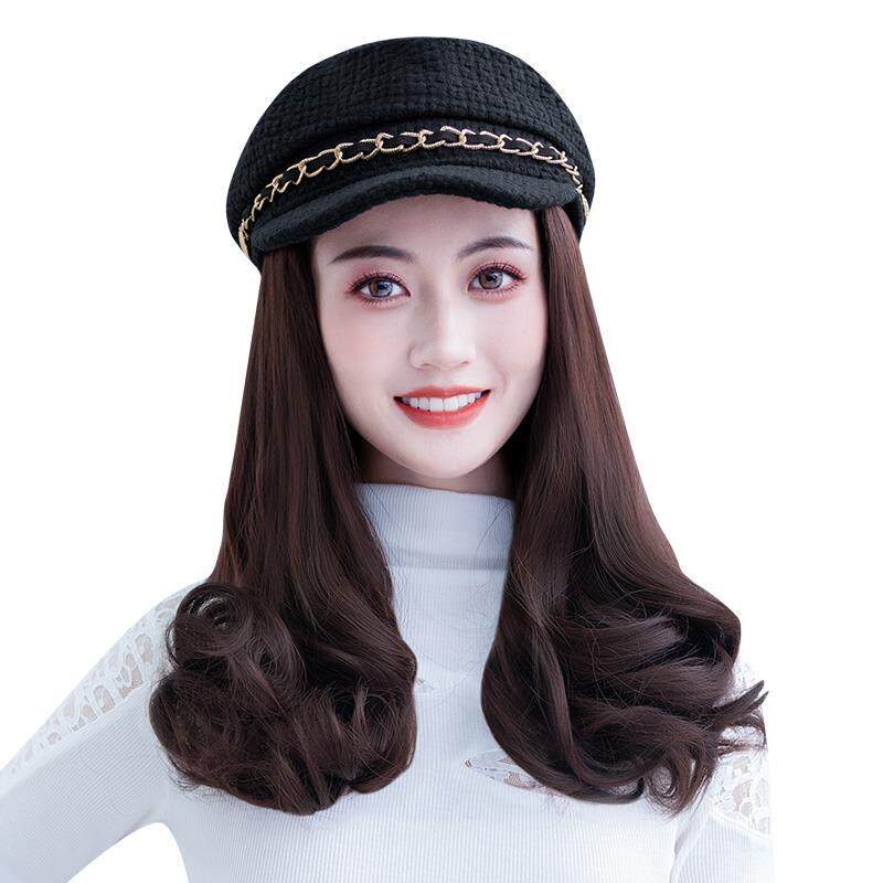 帽子一体假发帽子时尚新款2025网红海军帽中长卷发女秋冬季可拆卸