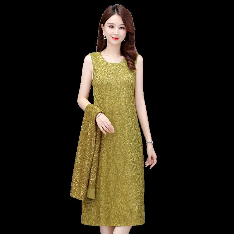 胖妈妈夏装短袖连衣裙加肥大码中老年女洋气防晒背心裙子两件套装