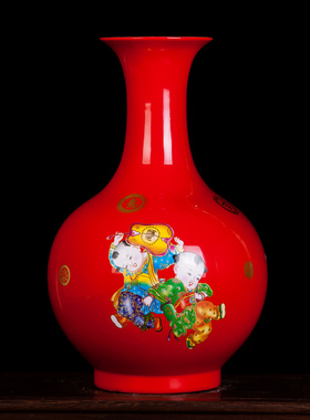 景德镇陶瓷器花瓶摆件七子中国红色插花家居客厅装饰品工艺品瓷瓶