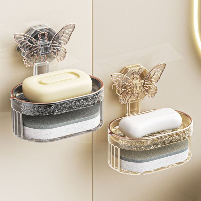 蝴蝶吸盘香皂盒带海绵擦沥水皂盒免打孔创意双层肥皂收纳盒置物架