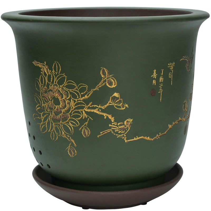 君子兰花盆 粉浆手工刻绘带托盘兰草吊兰绿植盆栽 宜兴紫砂花盆