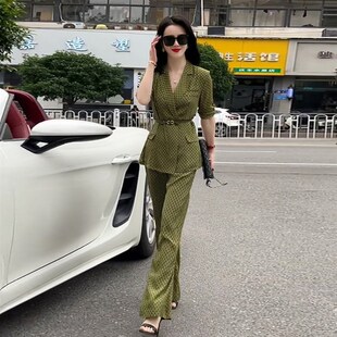 夏季真丝轻奢高级感时尚套装女短袖小西装2023新款垂感阔腿裤两件