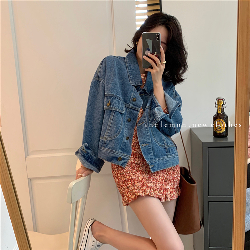 港风宽松复古牛仔外套女2022春秋新款懒惰风百搭短款上衣长袖夹克