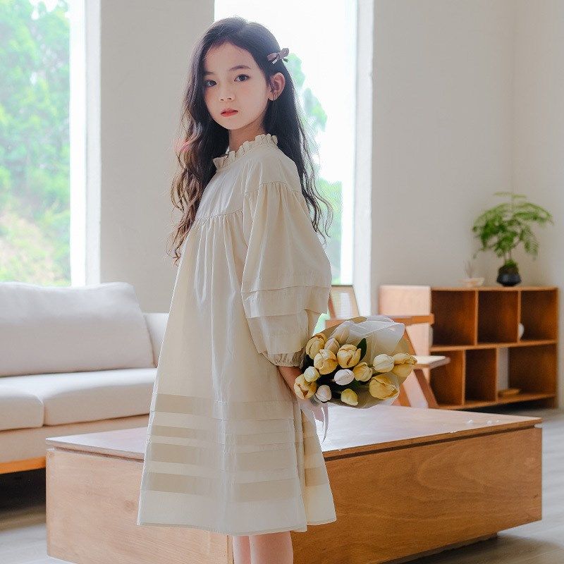 女童春秋花边领连衣裙中大童灯笼长袖棉布裙森系文艺棉布裙初中生