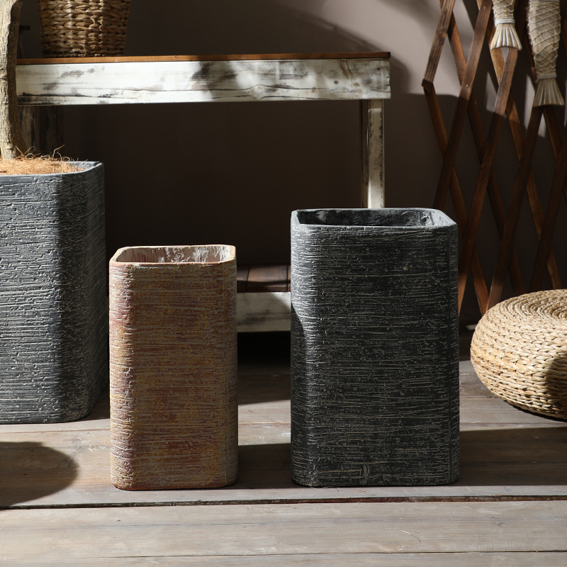 侘寂风高正方镁泥落地大花盆粗陶面复古做旧拉丝客厅阳台绿植花卉