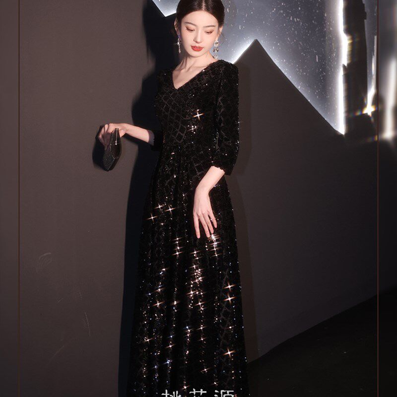 新款女士演出晚礼服敬酒主持舞台亮片长款高端修身黑色宴会订婚裙
