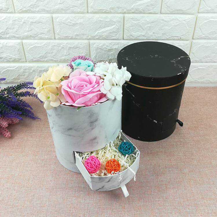 厂直大理石纹包装盒鲜花盒 圆形花艺包装盒