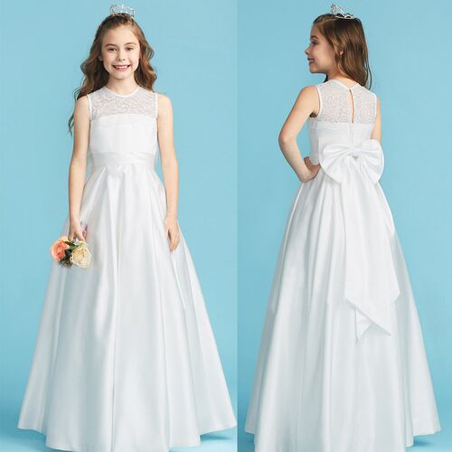 女童小提琴主持人钢琴演出晚礼服儿童伴娘婚纱白色锻面长款公主裙