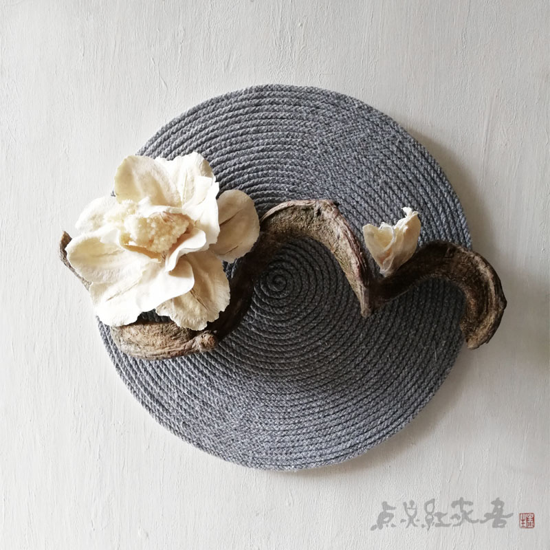 牡丹麻绳圆形装饰画禅意新中式家居壁饰挂件干花玄关墙饰新品包邮
