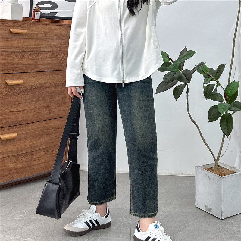 九分直筒小个子牛仔裤女秋季胖mm高腰显瘦宽松弹力百搭烟管裤子