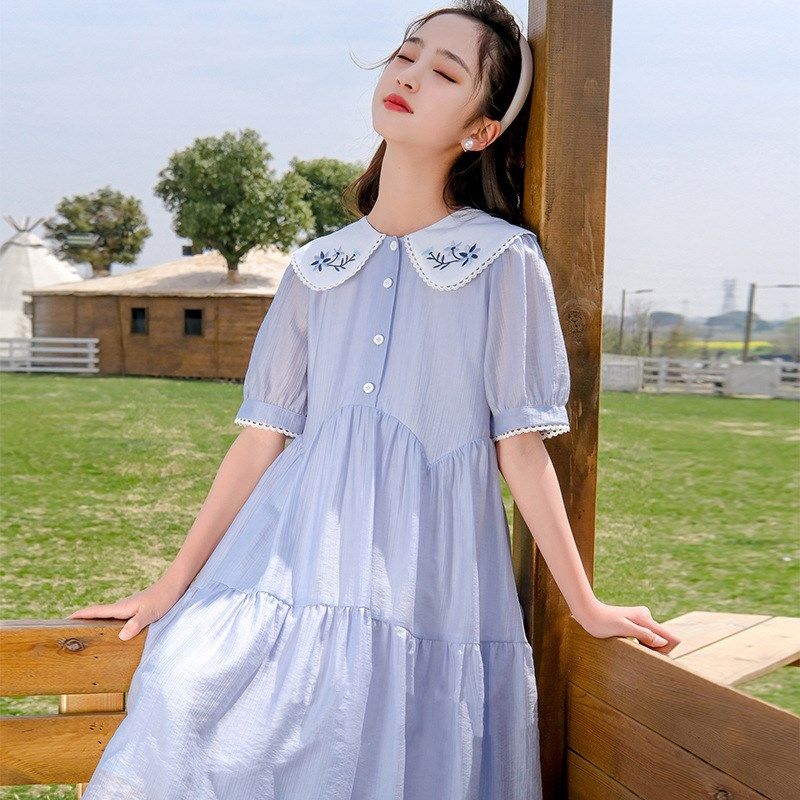 女大童连衣裙2025新款夏款洋气女童学院风裙子12岁女孩15短袖潮