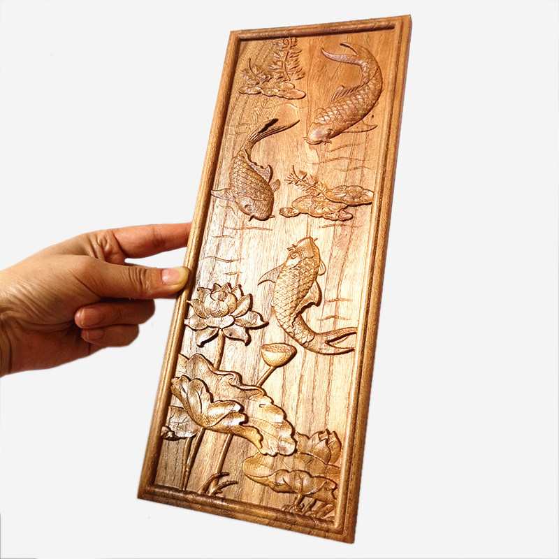 富贵鱼荷图案浮雕木板画 家具柜门板桌面装饰版画摆台禅意壁挂花
