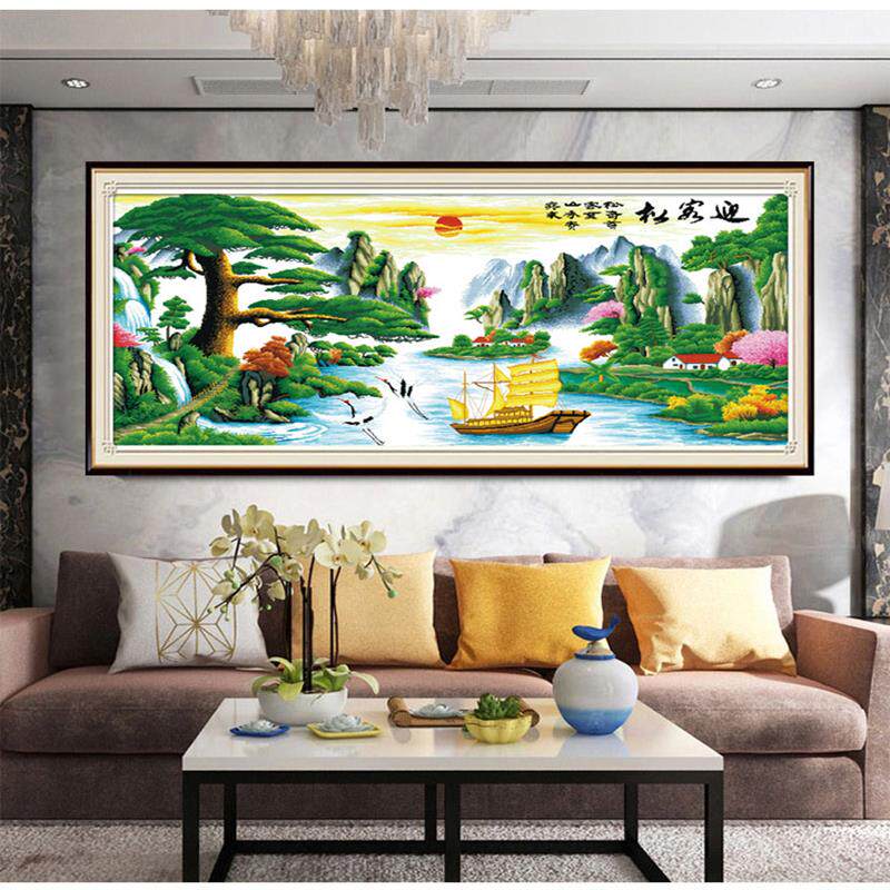 成品迎客松2021新款机绣纯手工十字绣已绣好的山水画一帆风顺客厅