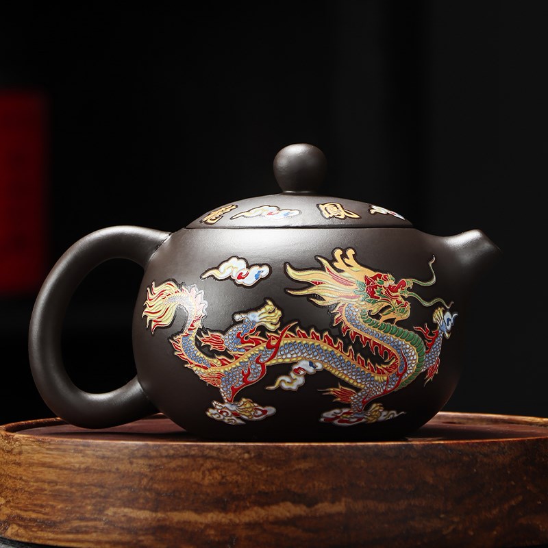 紫砂功夫茶具家用 龙凤呈祥变色茶壶 中式复古茶壶设计 德化紫砂