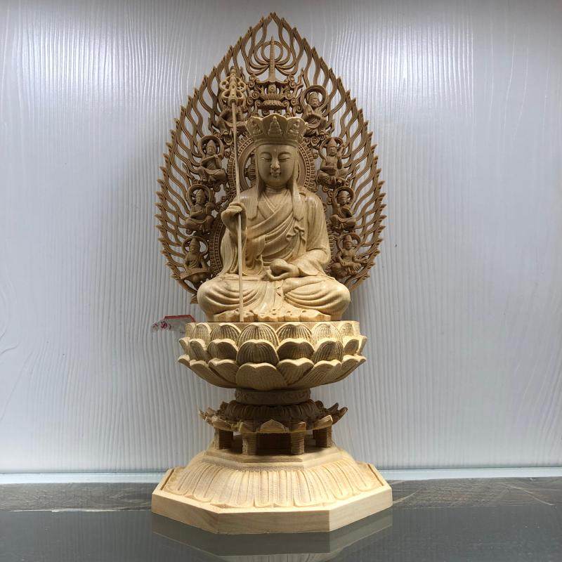 桧木雕大愿地藏王菩萨坐莲带背光款佛像摆件实木家居供奉六臂观音