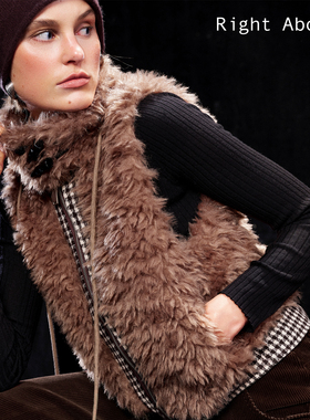 Right Above 双面穿粗纺羊毛千鸟格羊毛混纺毛毛牛角扣马甲外套