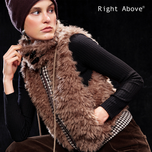 Right Above 双面穿粗纺羊毛千鸟格羊毛混纺毛毛牛角扣马甲外套