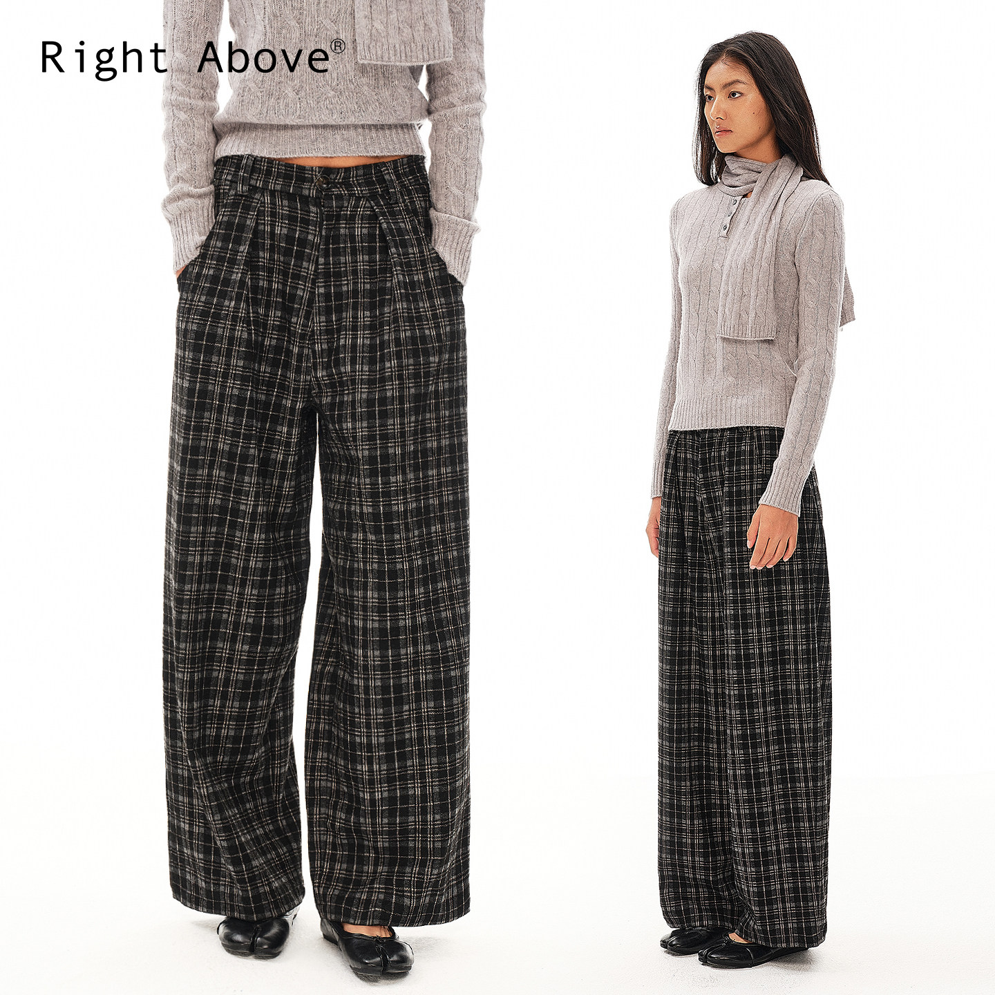 Right Above 加厚黑白格纹中腰阔腿西裤松弛感休闲长裤冬季新款,女装/女士精品,休闲裤,淘宝优惠券,粉丝福利购,淘宝优惠卷