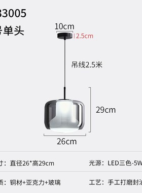 现代极简高档玻璃小吊灯三头餐厅灯单头卧室床头创意全铜黑色灯具