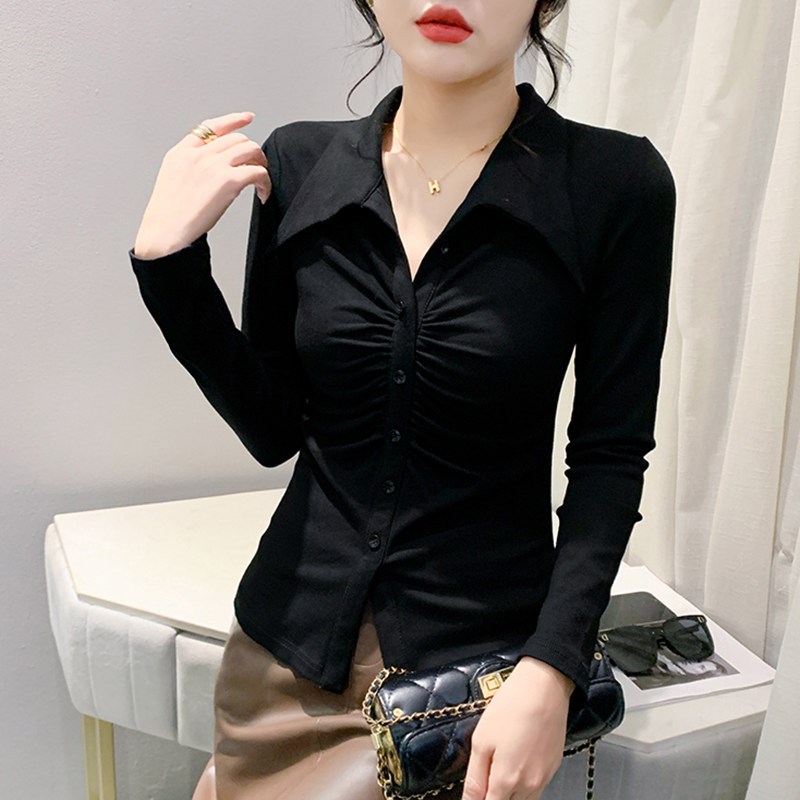 气质POLO翻领上衣女长袖秋冬时髦褶皱下摆开叉T恤紧身收腰打底衫