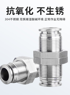 气动304不锈钢接头KQB2E08-00面板安装KQB2E04-00穿板直通PM-S-10