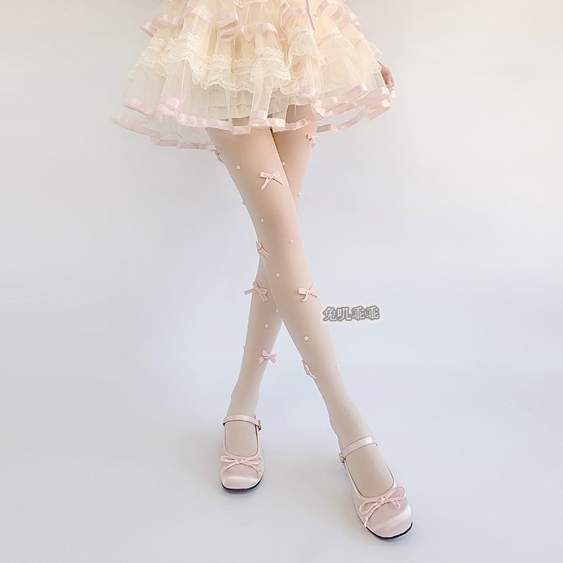 甜美蝴蝶结珍珠白丝袜lolita女夏季超薄连裤袜性感黑丝jk打底袜