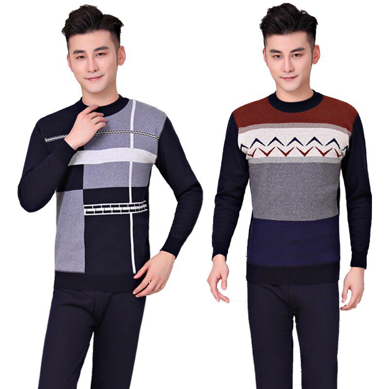 青年男士加绒加厚保暖内衣中高领全棉外穿加大码学生圆领套装冬