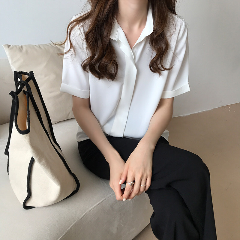 白色雪纺衬衫女士短袖宽松职业装工作服夏季薄款抗皱垂感蓝色衬衣