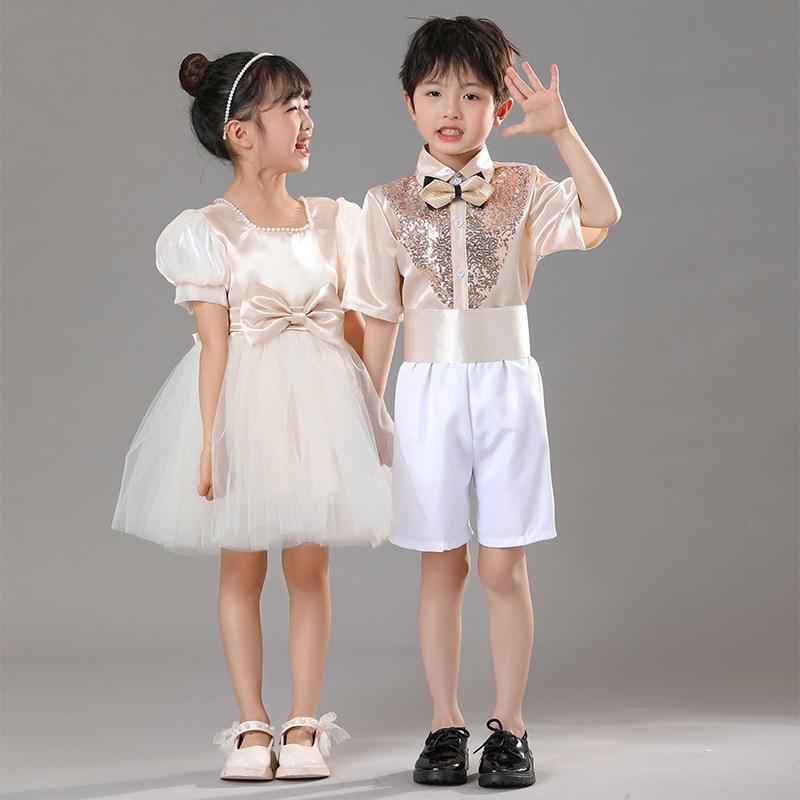 六一儿童香槟色演出服小学生表演朗诵蓬蓬裙纱裙大合唱团男生女生