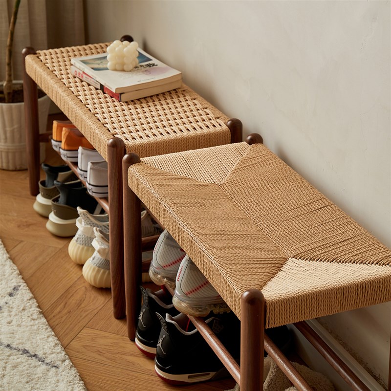 黑胡桃木换鞋凳穿鞋凳日式餐厅凳子牛筋编绳床尾收纳凳