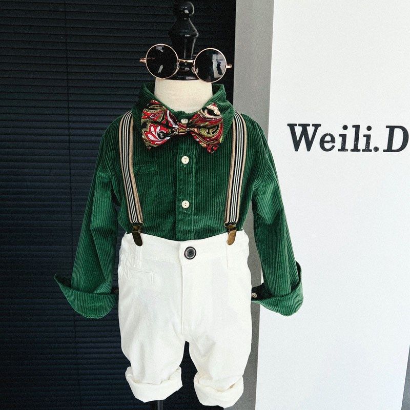 男童英伦风演出服 儿童春季新款走秀礼服复古摄影衬衫背带裤套装