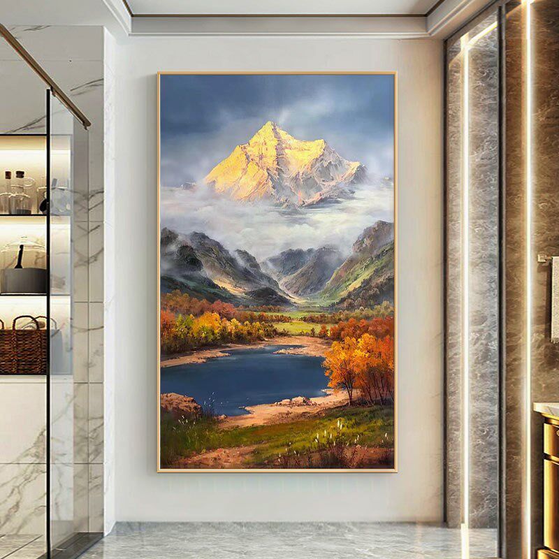 手绘油画风景山水装饰画挂画欧式入户玄关招财美式壁画金山定制画