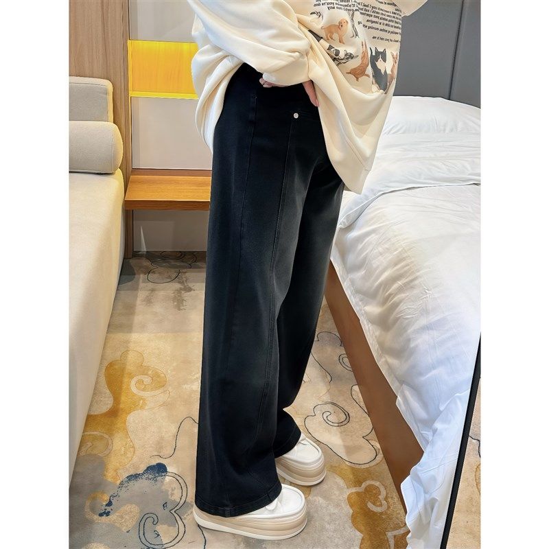 胖mm大码女装黑色阔腿牛仔裤女冬季新款加绒加厚女裤显瘦直筒裤子