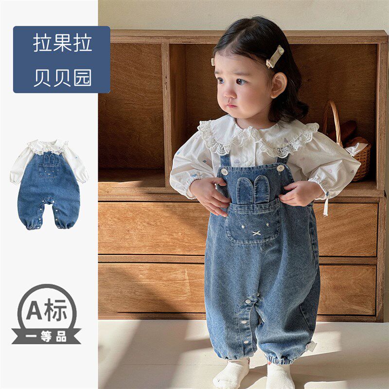 2025新款婴儿牛仔背带裤公主上衣套装荷叶领女宝宝洋气外出两件套
