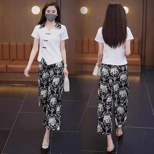女2024夏季 短袖 洋气减龄国风休闲套装 新款 两件套 阔腿裤 T恤妈妈装