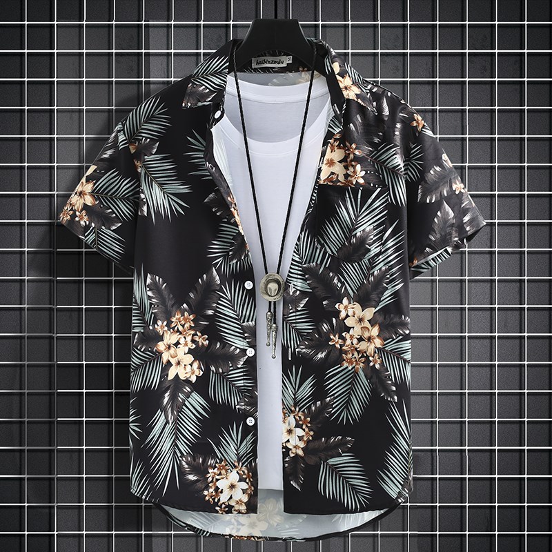 夏季短袖花衬衫男海南沙滩服三亚夏威夷港风复古休闲薄款衬衣套装