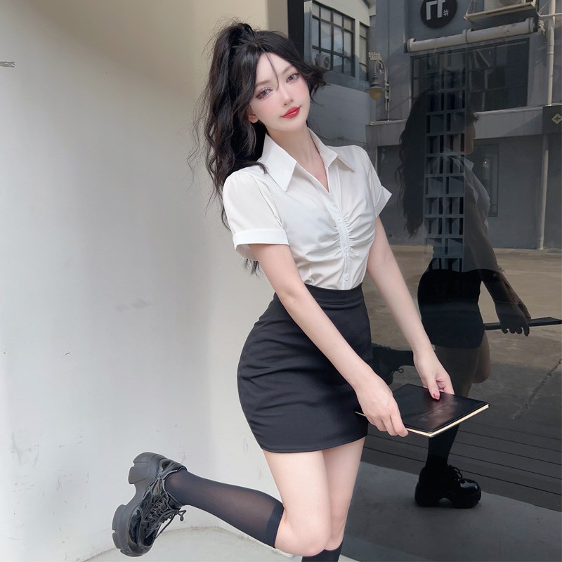 夏天衬衣搭配半身裙套装上衣女夏职业工作服包臀裙子衬衫上白下黑