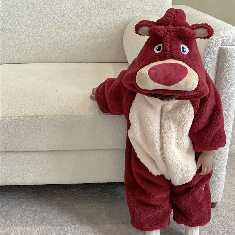 宝宝连体衣婴儿秋季珊瑚绒家居服男女童草莓熊卡通睡衣儿童爬爬服