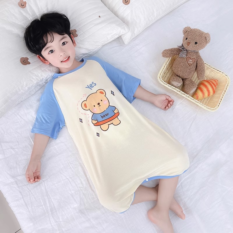 男童连体睡衣夏季纯棉短袖中大童防踢防着凉睡袋家居服男儿童睡裙