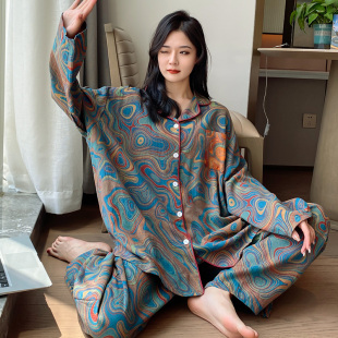 胖妹妹睡衣女200斤加肥加大码 胖mm夏 春秋国风纯棉开衫 家居服套装