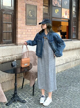 NAZ那子大码春季新款U领百搭显瘦针织背带裙胖mm直筒懒人连衣裙