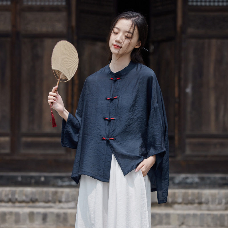 短袖T恤女夏季防晒开衫 手工盘扣复古上衣禅意茶服七分袖文艺衬衫