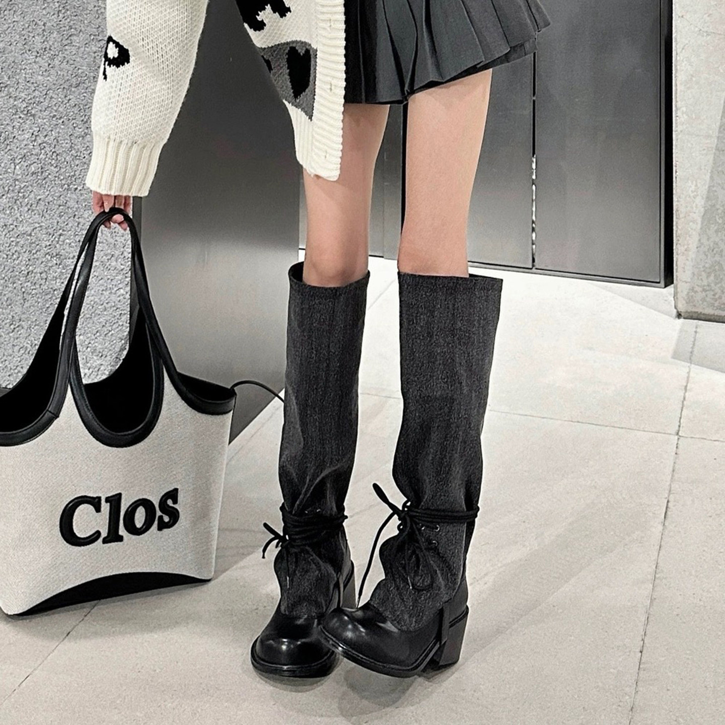 羊皮版~小众设计时髦感长筒靴女复古辣妹堆堆靴子粗跟显瘦骑士靴