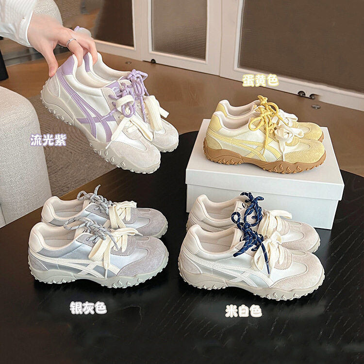 羊皮版~拼色德训鞋女厚底内增高阿甘鞋双系带轻便百搭休闲运动鞋