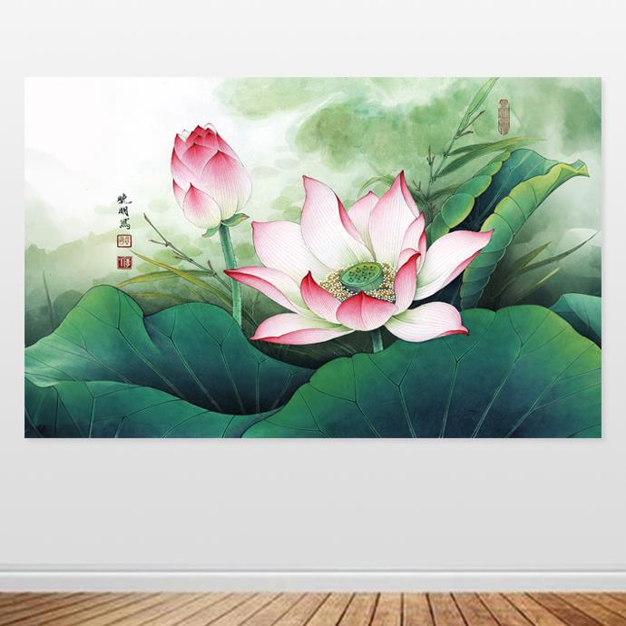荷花自粘画50X80贴画卫生间装饰画荷花风水画50-80贴墙画海报定制图片