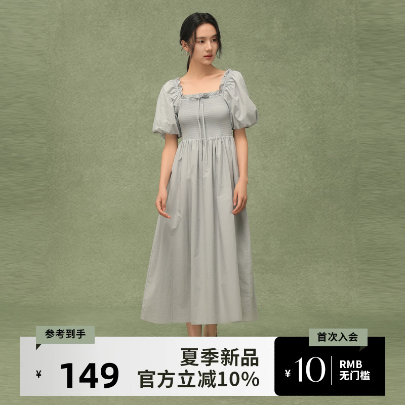 AIRIQI短袖连衣裙夏季新款通勤泡泡袖优雅收腰显瘦长裙AH42LQ418