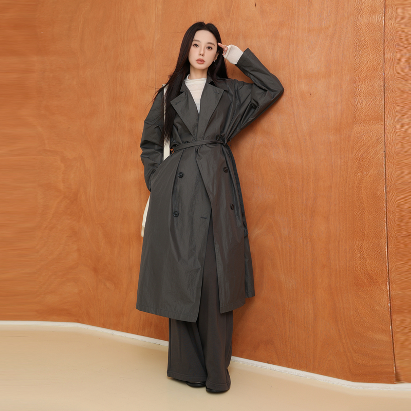 AIRIQI风衣秋季新款光泽感通勤翻领腰带款涂层长款外套BZ41FY196