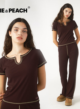 Pixie&Peach Notch英式低调咖设计领罗纹针织布短袖家居服套装女